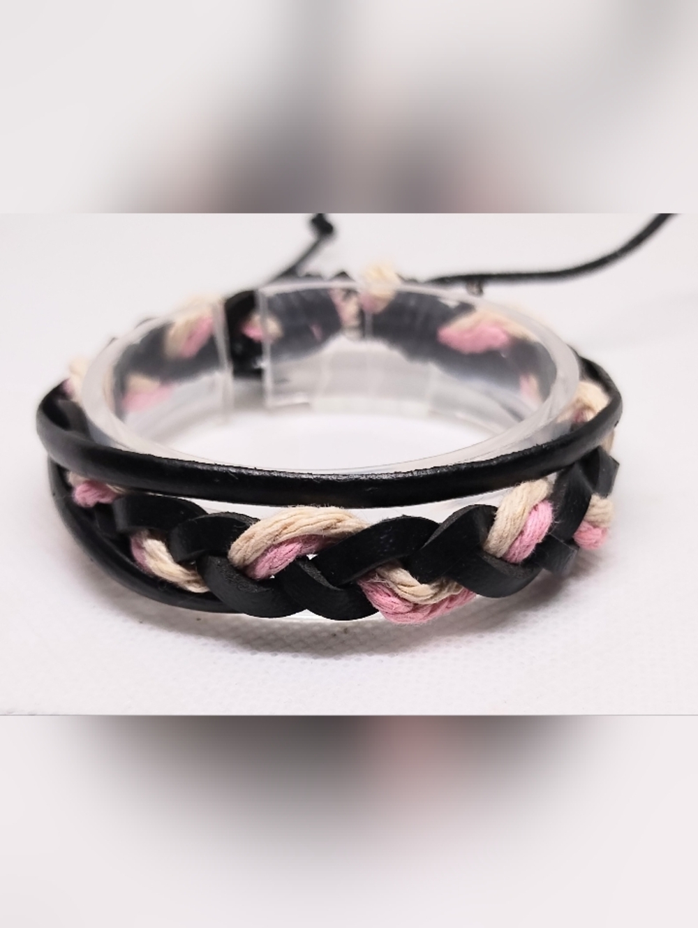 Men's Black‎ Leather Bracelet with Pink and Cream Braid Jewelry G6